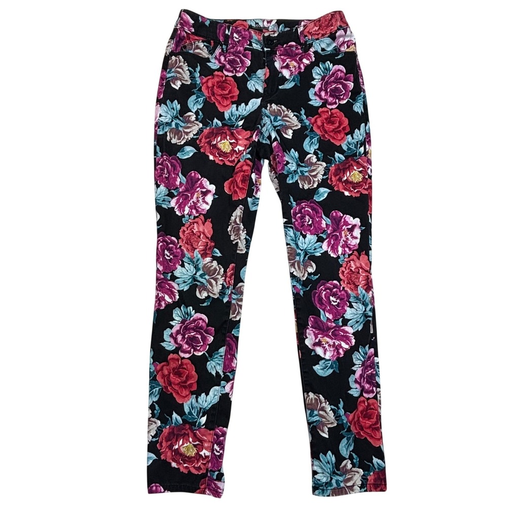 Chicos Floral Rose Print Jeggings Womens 4R Black Red Rose Slim Leg Stretch